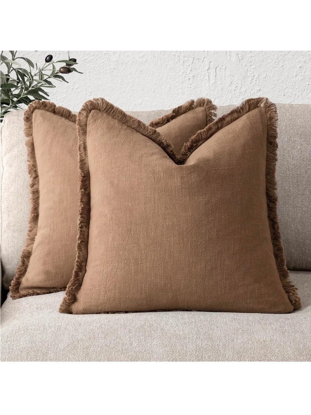 Decorative Linen Fringe Throw Pillow Covers 20×20 Khaki Brown